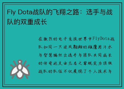 Fly Dota战队的飞翔之路：选手与战队的双重成长