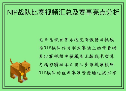 NIP战队比赛视频汇总及赛事亮点分析
