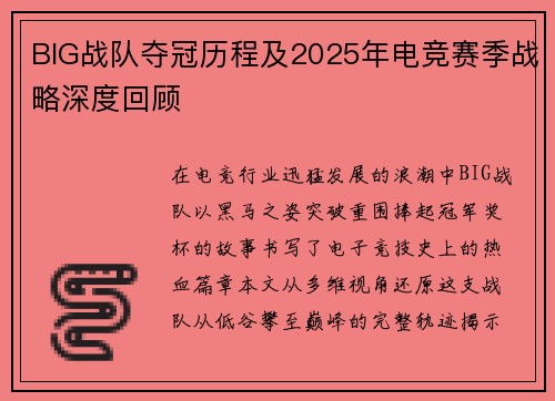 BIG战队夺冠历程及2025年电竞赛季战略深度回顾