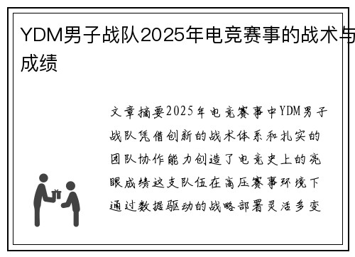 YDM男子战队2025年电竞赛事的战术与成绩
